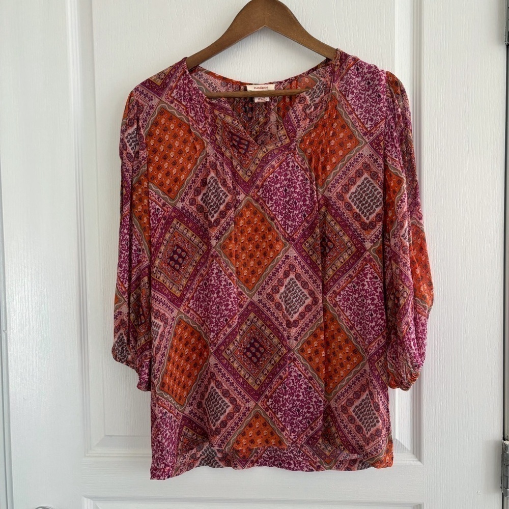 Sundance Silk Patchwork Scarf Print Blouse Medium Boho Chic